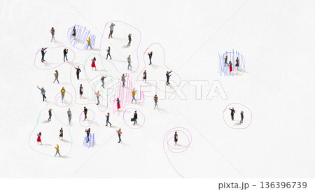 Conceptual artwork of people grouped by hand drawn outlines. 136396739