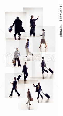 Editorial composition of business people walking with luggage on white. 136396741
