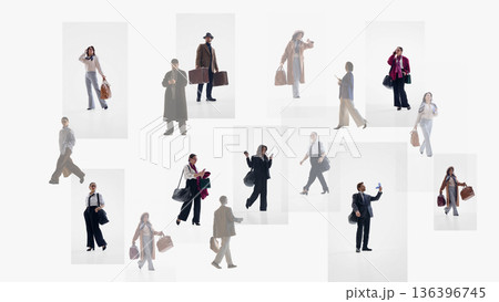 Minimalist collage of business people walking isolated on white background. 136396745