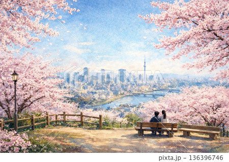満開の桜と都市風景 満開の桜と都市風景 136396746