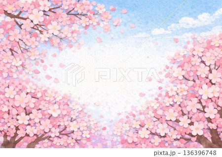 フレーム素材　満開の桜　桜吹雪　貼り絵風 136396748