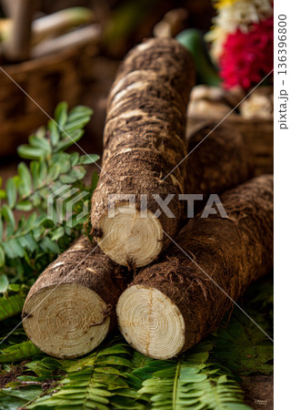A close-up of Fijian "Dalo" (taro root), sliced and ready for cooking, a staple starch in the local diet, symbolizing basic sustenance. 136396800