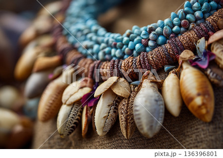 A close-up of Fijian shell jewelry, intricately crafted necklaces and bracelets, showcasing artisanal skill and natural beauty. 136396801