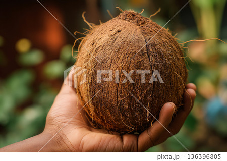 A person's hand holding a freshly husked coconut, ready for drinking, symbolizing natural refreshment and island abundance. A person's hand holding a freshly husked coconut, ready for drinking, symbolizing natural refreshment and island abundance. 136396805