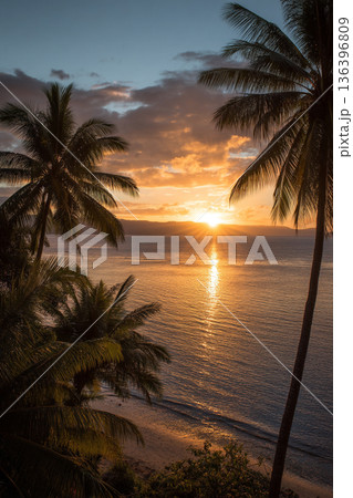 A sunset over the Pacific Ocean from a Fijian resort balcony, showing silhouettes of palm trees and calm, golden waters. A sunset over the Pacific Ocean from a Fijian resort balcony, showing silhouettes of palm trees and calm, golden waters. 136396809