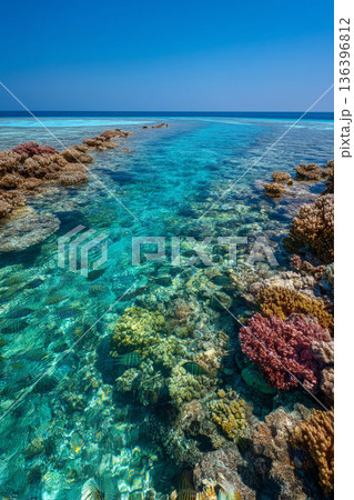 The tranquil waters of a remote lagoon with colorful coral reefs, teeming with vibrant fish, ideal for snorkeling and diving. 136396812