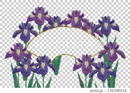 【菖蒲の花と扇のフレーム】手刺繍イラスト素材 136396818