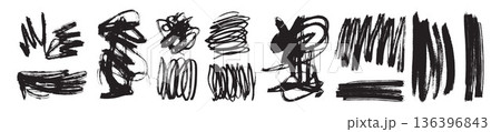 Black ink scribble, hand drawn messy brushstroke set, grunge grunge oil squiggle graphic print art.  136396843