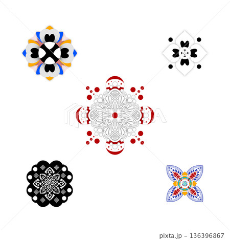 Colorful geometric mandala patterns with symmetrical shapes, Educational art design for preschool and elementary learning, creativity development, visual balance and pattern recognition activities 136396867