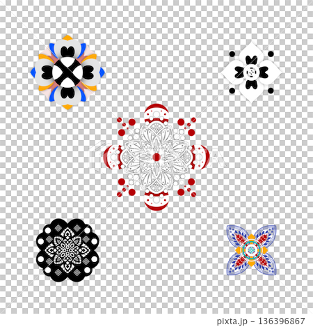 Colorful geometric mandala patterns with symmetrical shapes, Educational art design for preschool and elementary learning, creativity development, visual balance and pattern recognition activities 136396867