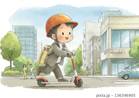 都市で電動キックボードを利用するビジネスマン｜新しい通勤スタイルのイラスト 136396905