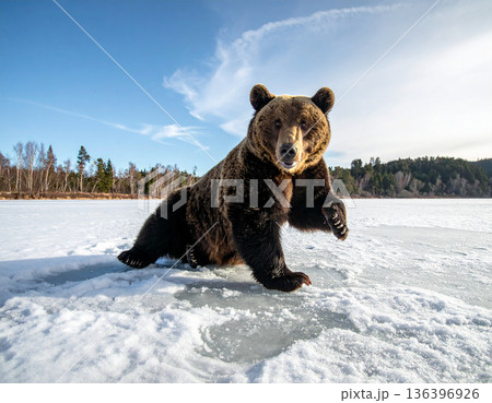 A large brown bear looks surprised while comically slipping backward on a patch of frozen pond ice. 136396926