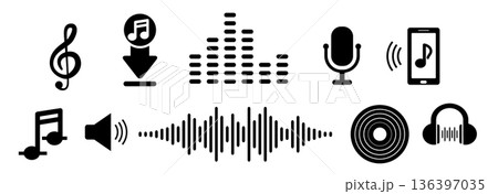 music. treble clef. microphone. wave. stave. speaker. headphone. telephone. melody. record. musical notes isolated on white background. 136397035