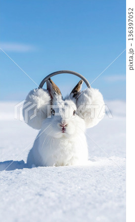 A white rabbit sits in deep snow wearing two smaller rabbits on its head as makeshift earmuffs. 136397052