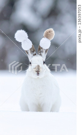 A white rabbit sits in deep snow wearing two smaller rabbits on its head as makeshift earmuffs. A white rabbit sits in deep snow wearing two smaller rabbits on its head as makeshift earmuffs. 136397053