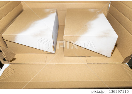 Open cardboard box containing two shoe boxes. 136397110