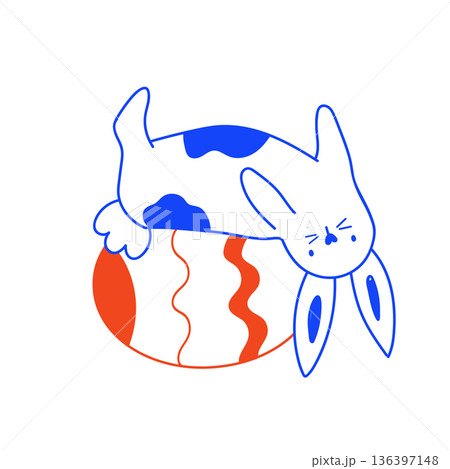 Cute Minimalist Line Art Easter Bunny Playfully Lying on a Large Patterned Egg. 136397148