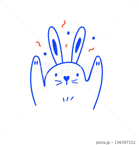 Cute Minimalist Blue Line Art Easter Bunny Illustration with Paws Up and Festive Confetti. 136397152