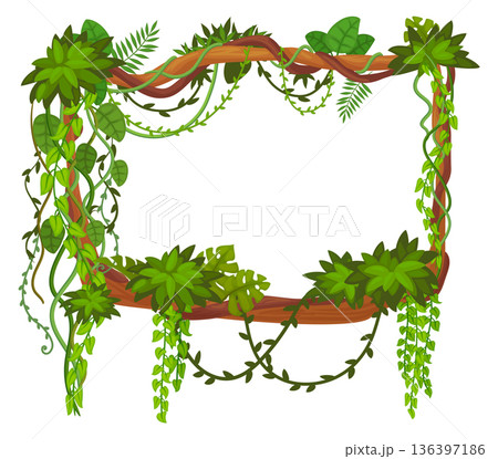 Exotic tropical frame. Cartoon forest game border Exotic tropical frame. Cartoon forest game border 136397186