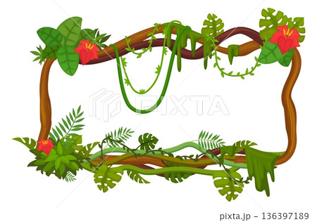 Tropical greenery border. Square wood frame with hanging creepers Tropical greenery border. Square wood frame with hanging creepers 136397189