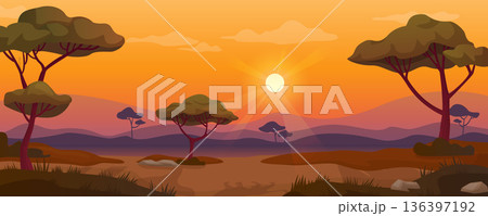 Savannah background. Cartoon african nature sunset landscape 136397192