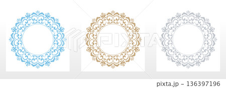 Set of decorative frames Elegant vector element for design in Eastern style, place for text. Floral colored frames. Lace illustration for invitations and greeting cards Set of decorative frames Elegant vector element for design in Eastern style, place for text. Floral colored frames. Lace illustration for invitations and greeting cards 136397196