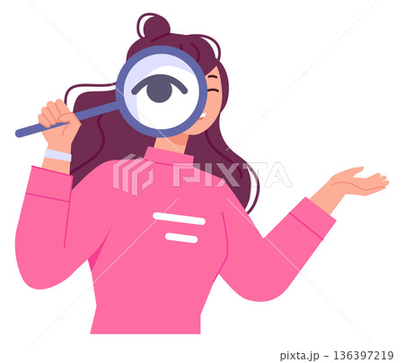 Research concept. Young woman look through magnify glass 136397219