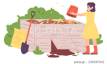 Organic waste recycle in compost bin color illustration 136397242