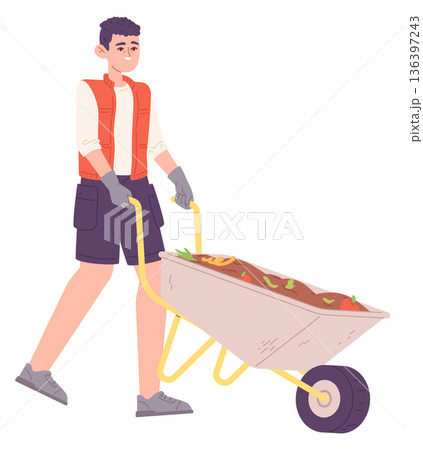 Boy push wheelbarrow. Gardening person color character Boy push wheelbarrow. Gardening person color character 136397243
