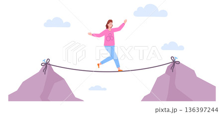 Risk challenge or danger concept. Woman walk on rope between mountain 136397244