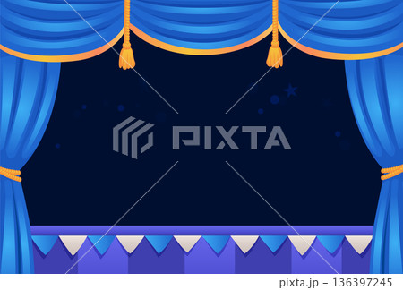 Theater scene background with blue drapery. Open stage curtains Theater scene background with blue drapery. Open stage curtains 136397245