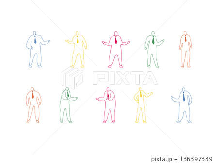 カラフルなネクタイ姿の人物のゆるい手描きイラストセット カラフルなネクタイ姿の人物のゆるい手描きイラストセット 136397339