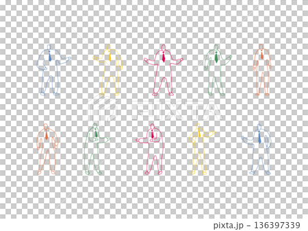 カラフルなネクタイ姿の人物のゆるい手描きイラストセット カラフルなネクタイ姿の人物のゆるい手描きイラストセット 136397339