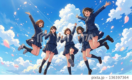 青空と桜舞う卒業シーズン・元気よくジャンプする女子高生たちのイラスト 136397364