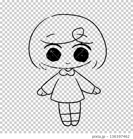Line drawing of a girl with black bob hair and a dress, standing pose, full body illustration, transparent background 136397462