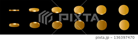 3d golden coins animation. Golden metal money rotation in different positions. Flip coins vector set isolated on black. Payments, investment, banking, finance, casino, game icon 3d golden coins animation. Golden metal money rotation in different positions. Flip coins vector set isolated on black. Payments, investment, banking, finance, casino, game icon 136397470