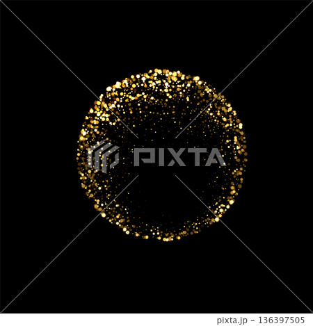 Glowing golden glitter sphere. Abstract circular shape made of scattered sparkling particles on black background. Vector illustration with festive bokeh light effect and luxury celebration design Glowing golden glitter sphere. Abstract circular shape made of scattered sparkling particles on black background. Vector illustration with festive bokeh light effect and luxury celebration design 136397505