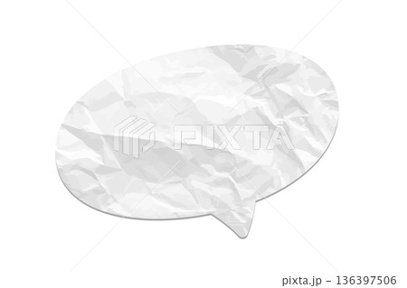 Crumpled paper speech bubble. White wrinkled paper chat icon on transparent background. Realistic texture vector design element for messages, communication, or scrapbooking projects 136397506