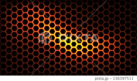 Honeycomb seamless glowing fire pattern. Bright orange and yellow illuminated hexagonal grid on black. Vector futuristic design with fiery light effect for wallpapers, sci-fi textures, backgrounds 136397511
