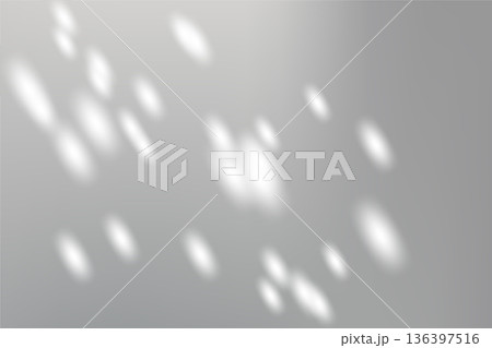 Sunlight shadow background. Soft white light reflections from tree or plant on grey backdrop with natural window light effect. Abstract vector illustration Sunlight shadow background. Soft white light reflections from tree or plant on grey backdrop with natural window light effect. Abstract vector illustration 136397516