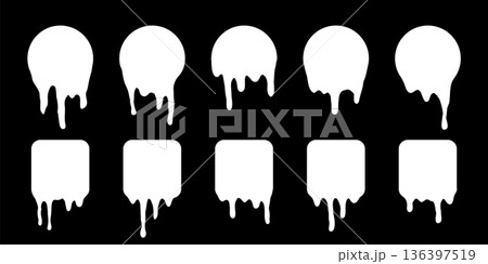 Dripping milk icons. Set of white round and square shapes with dripping liquid texture on black background. Isolated vector illustrations Dripping milk icons. Set of white round and square shapes with dripping liquid texture on black background. Isolated vector illustrations 136397519