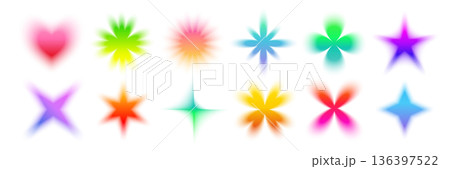 Y2K gradient flowers and elements. Colorful abstract icons with soft glow and blurred edges on white. Trendy figures for design, fashion, stickers, posters, social media. Vector illustration Y2K gradient flowers and elements. Colorful abstract icons with soft glow and blurred edges on white. Trendy figures for design, fashion, stickers, posters, social media. Vector illustration 136397522