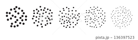 Dot grain texture circles. Set of stipple dot textures forming abstract circular shapes. Black grain patterns with varying density and size on white background. Vector illustration Dot grain texture circles. Set of stipple dot textures forming abstract circular shapes. Black grain patterns with varying density and size on white background. Vector illustration 136397523