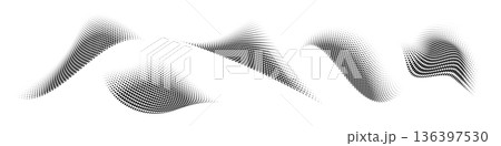 Set of abstract dotted waves. Halftone curved shapes in black color isolated on white background. Curved and twisted gradients forms. Trendy graphic vector illustration Set of abstract dotted waves. Halftone curved shapes in black color isolated on white background. Curved and twisted gradients forms. Trendy graphic vector illustration 136397530