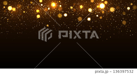 Gold light background with bokeh effect. Golden glittering lights on black background. Festive holiday shiny luxury backdrop. Abstract horizontal vector illustration 136397532