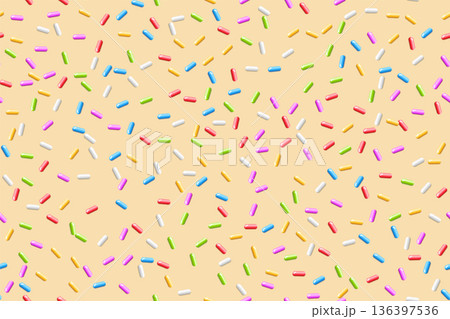 Donut background with colorful candy sprinkles. Sweet topping for candy or ice cream. Fun and playful dessert design. Summer, birthday, children concept. Seamless vector illustration Donut background with colorful candy sprinkles. Sweet topping for candy or ice cream. Fun and playful dessert design. Summer, birthday, children concept. Seamless vector illustration 136397536