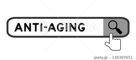 Search banner in word anti aging with hand over magnifier icon on white background Search banner in word anti aging with hand over magnifier icon on white background 136397651