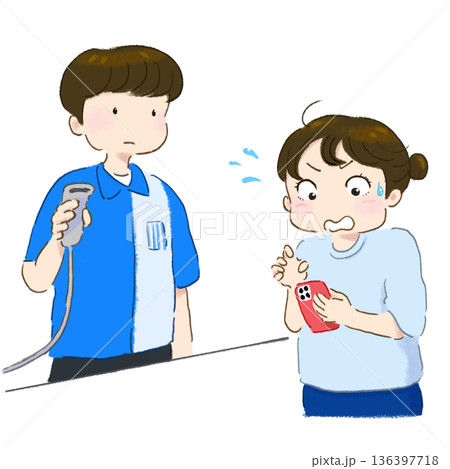 レジでスマホを持ってあわてる女性 136397718