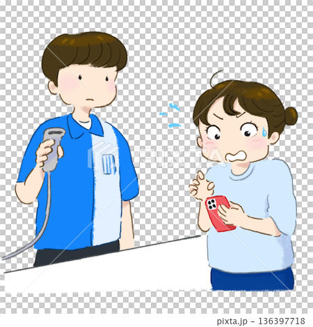 レジでスマホを持ってあわてる女性 136397718