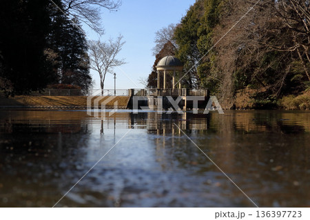 ロマンチック茨城（凍える朝の池にたたずむパビリオン。英国の空間に触れた気がする。）水戸市、七つ同公園 136397723